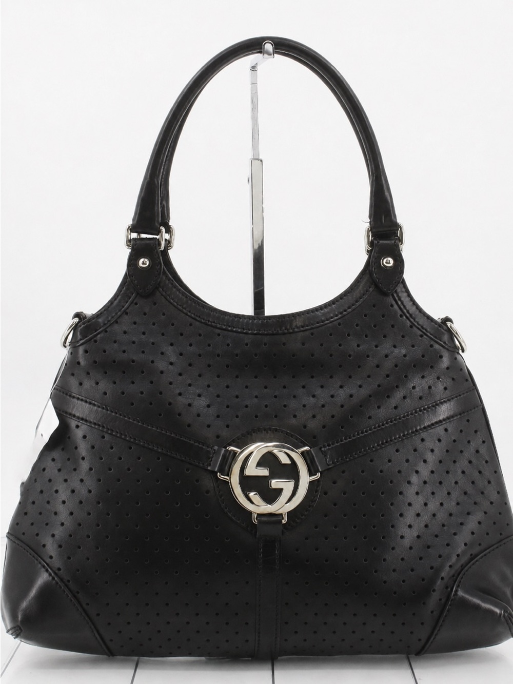 Gucci Reins Vintage Interlocking GG Perforated Leather Black Hobo Bag